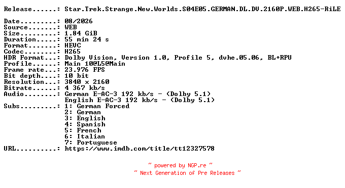 NFO for the release Star.Trek.Strange.New.Worlds.S04E05.GERMAN.DL.DV.2160P.WEB.H265-RiLE by RiLE