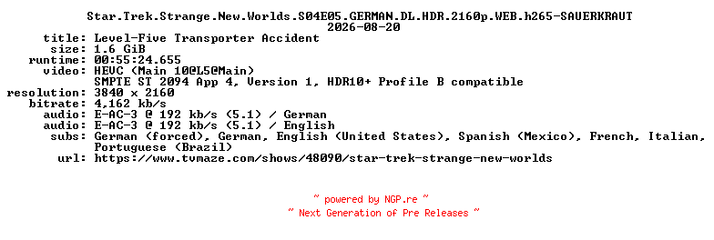 NFO for the release Star.Trek.Strange.New.Worlds.S04E05.GERMAN.DL.HDR.2160p.WEB.h265-SAUERKRAUT by SAUERKRAUT