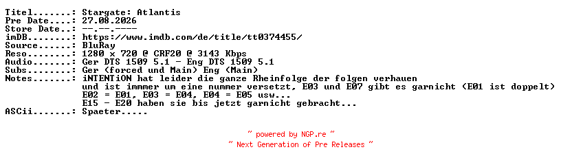 NFO for the release Stargate.Atlantis.S05E04.Die.Daedalus.Variationen.German.DL.720p.BluRay.x264.PROPER-JaJunge by JaJunge