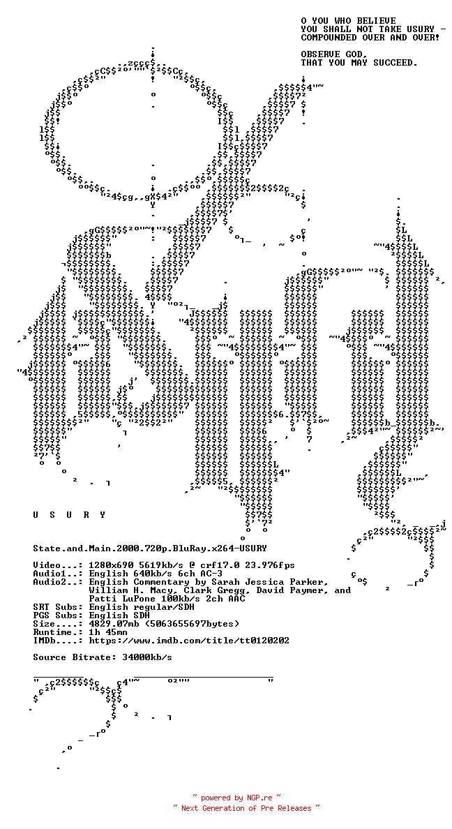 NFO for the release State.and.Main.2000.720p.BluRay.x264-USURY by USURY