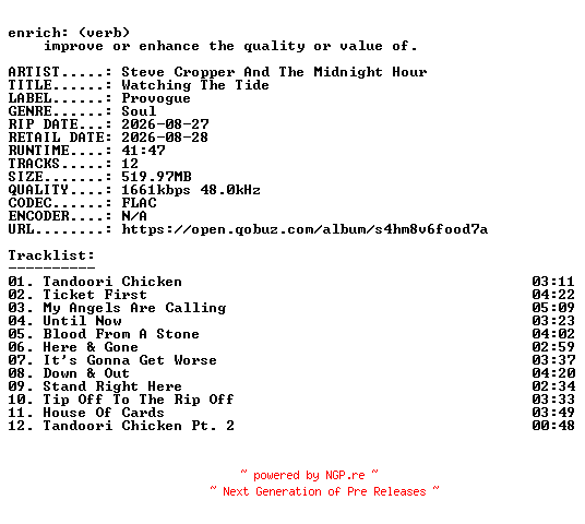 NFO for the release Steve_Cropper_And_The_Midnight_Hour-Watching_The_Tide-24BIT-WEB-FLAC-2026-ENRiCH by ENRiCH
