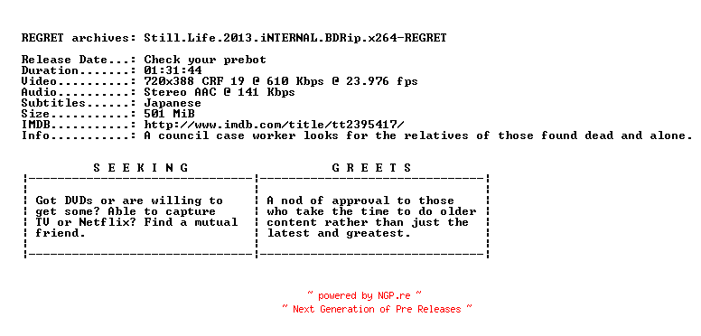 NFO for the release Still.Life.2013.iNTERNAL.BDRip.x264-REGRET by REGRET