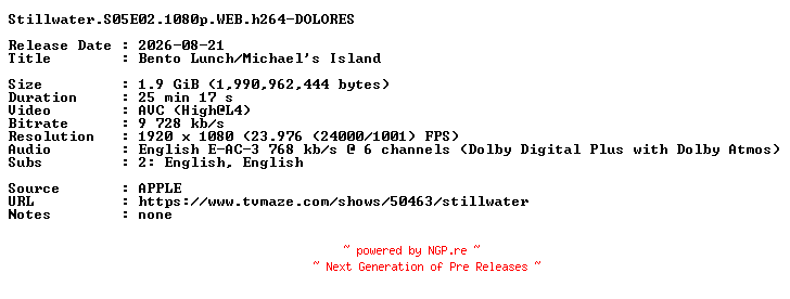 NFO for the release Stillwater.S05E02.1080p.WEB.h264-DOLORES by DOLORES