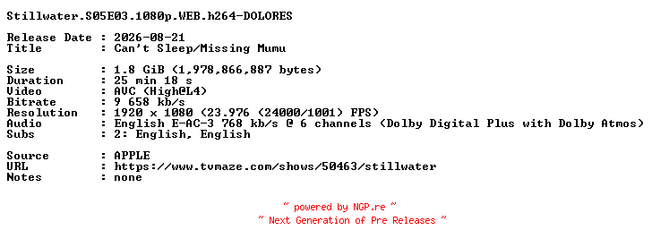 NFO for the release Stillwater.S05E03.1080p.WEB.h264-DOLORES by DOLORES