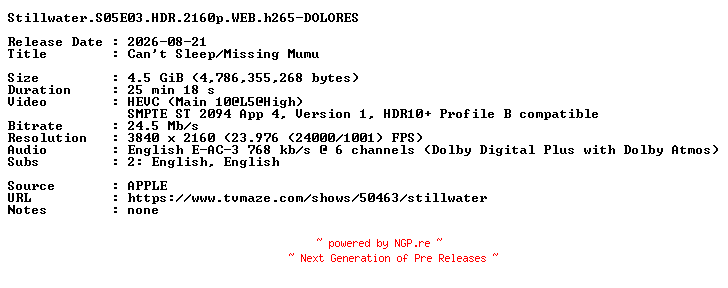 NFO for the release Stillwater.S05E03.HDR.2160p.WEB.h265-DOLORES by DOLORES