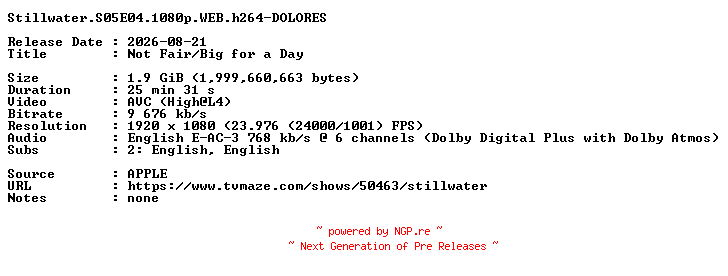 NFO for the release Stillwater.S05E04.1080p.WEB.h264-DOLORES by DOLORES