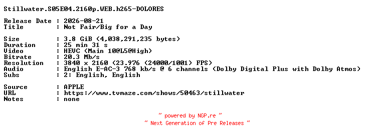 NFO for the release Stillwater.S05E04.2160p.WEB.h265-DOLORES by DOLORES