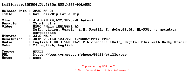 NFO for the release Stillwater.S05E04.DV.2160p.WEB.h265-DOLORES by DOLORES