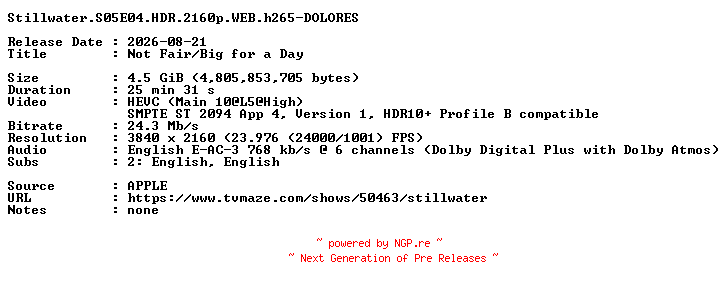 NFO for the release Stillwater.S05E04.HDR.2160p.WEB.h265-DOLORES by DOLORES