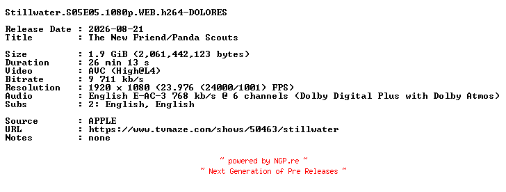 NFO for the release Stillwater.S05E05.1080p.WEB.h264-DOLORES by DOLORES