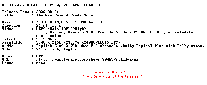 NFO for the release Stillwater.S05E05.DV.2160p.WEB.h265-DOLORES by DOLORES