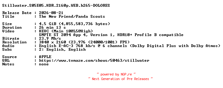 NFO for the release Stillwater.S05E05.HDR.2160p.WEB.h265-DOLORES by DOLORES