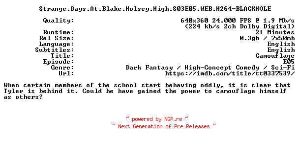 NFO for the release Strange.Days.At.Blake.Holsey.High.S03E05.WEB.H264-BLACKHOLE by BLACKHOLE