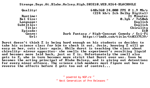 NFO for the release Strange.Days.At.Blake.Holsey.High.S03E10.WEB.H264-BLACKHOLE by BLACKHOLE