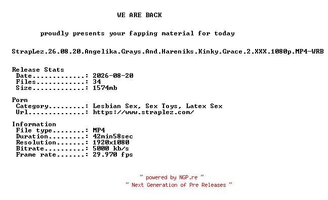 NFO for the release StrapLez.26.08.20.Angelika.Grays.And.Hareniks.Kinky.Grace.2.XXX.1080p.MP4-WRB by WRB