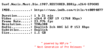 NFO for the release Surf.Nazis.Must.Die.1987.RESTORED.BDRip.x264-SPOOKS by SPOOKS