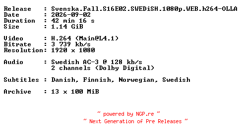 NFO for the release Svenska.Fall.S16E02.SWEDiSH.1080p.WEB.h264-OLLA by OLLA