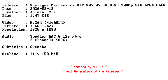 NFO for the release Sveriges.Masterkock.VIP.S05E05.SWEDiSH.1080p.WEB.h264-OLLA by OLLA