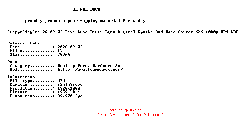NFO for the release SwappzSingles.26.09.03.Lexi.Luna.River.Lynn.Krystal.Sparks.And.Rose.Carter.XXX.1080p.MP4-WRB by WRB