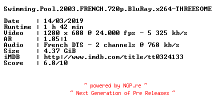 NFO for the release Swimming.Pool.2003.FRENCH.720p.BluRay.x264-THREESOME by THREESOME