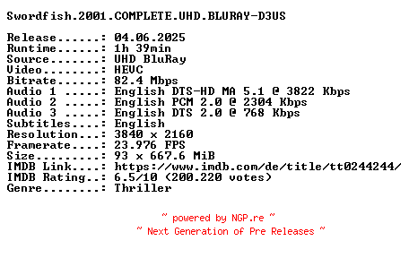 NFO for the release Swordfish.2001.COMPLETE.UHD.BLURAY-D3US by D3US