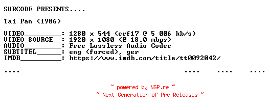 NFO for the release Tai.Pan.1986.720p.BluRay.x264-SURCODE by SURCODE