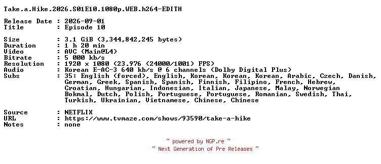 NFO for the release Take.a.Hike.2026.S01E10.1080p.WEB.h264-EDITH by EDITH