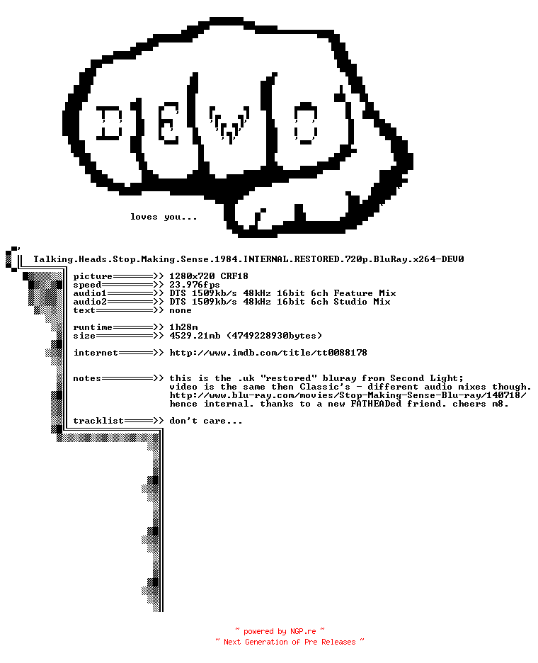 NFO for the release Talking.Heads.Stop.Making.Sense.1984.INTERNAL.RESTORED.720p.BluRay.x264-DEV0 by DEV0