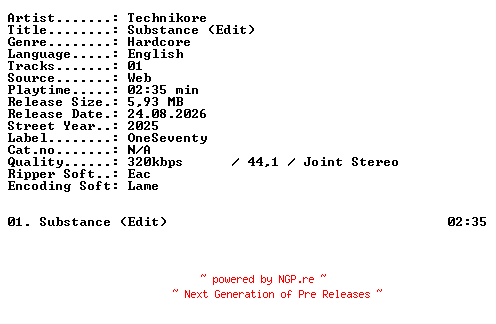 NFO for the release Technikore-Substance_(Edit)-SINGLE-WEB-2025-XTC_iNT by XTC_iNT