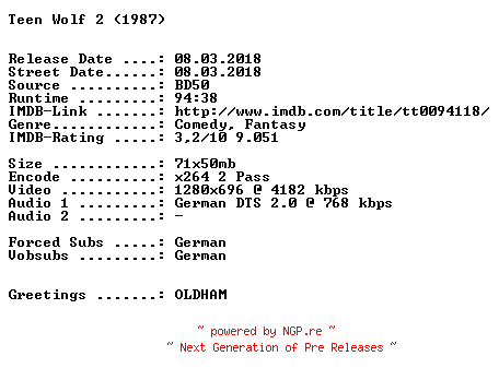 NFO for the release Teen.Wolf.2.1987.German.720p.BluRay.x264-SPiCY by SPiCY