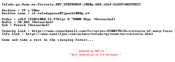 NFO for the release Tefuda.ga.Oome.no.Victoria.E07.SUBFRENCH.1080p.WEB.x264-SLEEPINGFOREST by SLEEPINGFOREST