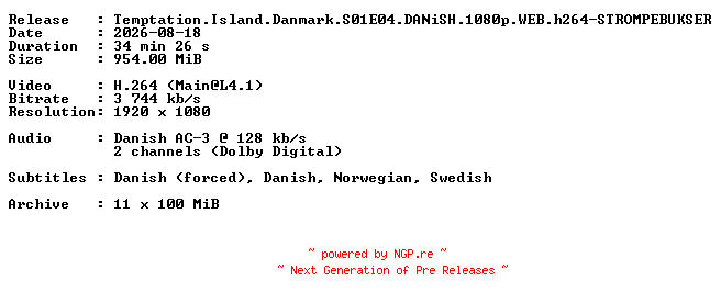 NFO for the release Temptation.Island.Danmark.S01E04.DANiSH.1080p.WEB.h264-STROMPEBUKSER by STROMPEBUKSER