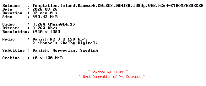 NFO for the release Temptation.Island.Danmark.S01E08.DANiSH.1080p.WEB.h264-STROMPEBUKSER by STROMPEBUKSER