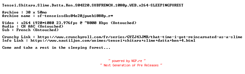 NFO for the release Tensei.Shitara.Slime.Datta.Ken.S04E20.SUBFRENCH.1080p.WEB.x264-SLEEPINGFOREST by SLEEPINGFOREST
