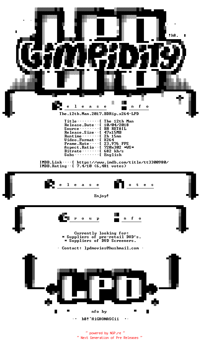 NFO for the release The.12th.Man.2017.BDRip.x264-LPD by LPD