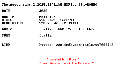 NFO for the release The.Accountant.2.2025.iTALiAN.BDRip.x264-ROMEO by ROMEO
