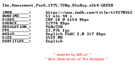 NFO for the release The.Amusement.Park.1975.720p.BluRay.x264-GAZER by GAZER
