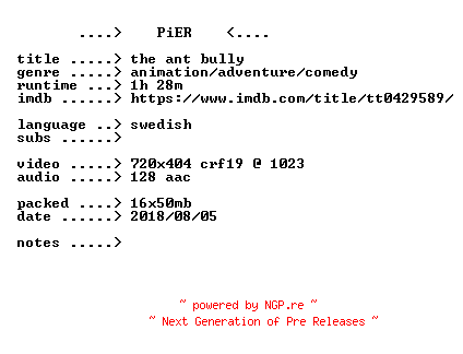 NFO for the release The.Ant.Bully.2006.iNTERNAL.SWEDiSH.BDRip.x264-PiER by PiER