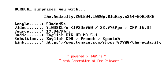 NFO for the release The.Audacity.S01E04.1080p.BluRay.x264-BORDURE by BORDURE