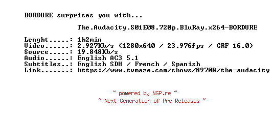NFO for the release The.Audacity.S01E08.720p.BluRay.x264-BORDURE by BORDURE