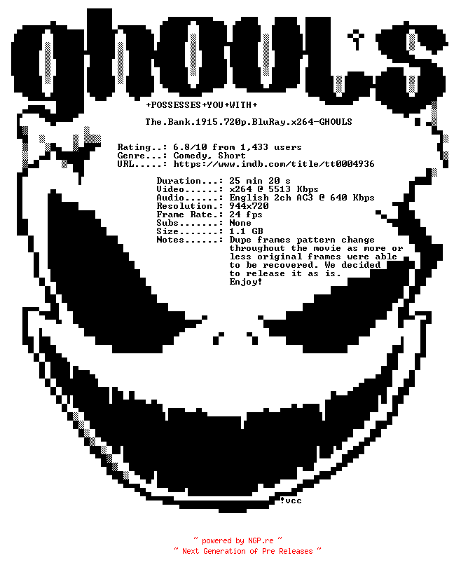 NFO for the release The.Bank.1915.720p.BluRay.x264-GHOULS by GHOULS
