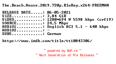 NFO for the release The.Beach.House.2019.720p.BluRay.x264-FREEMAN by FREEMAN