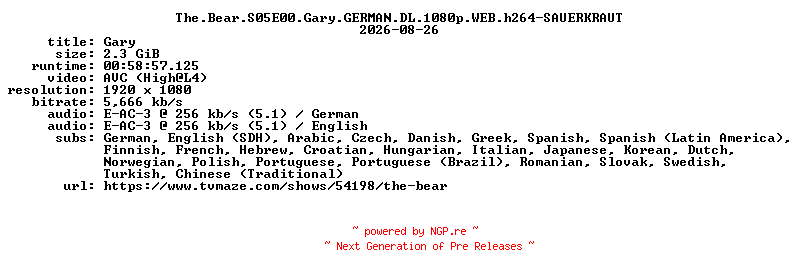 NFO for the release The.Bear.S05E00.Gary.GERMAN.DL.1080p.WEB.h264-SAUERKRAUT by SAUERKRAUT