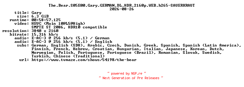 NFO for the release The.Bear.S05E00.Gary.GERMAN.DL.HDR.2160p.WEB.h265-SAUERKRAUT by SAUERKRAUT