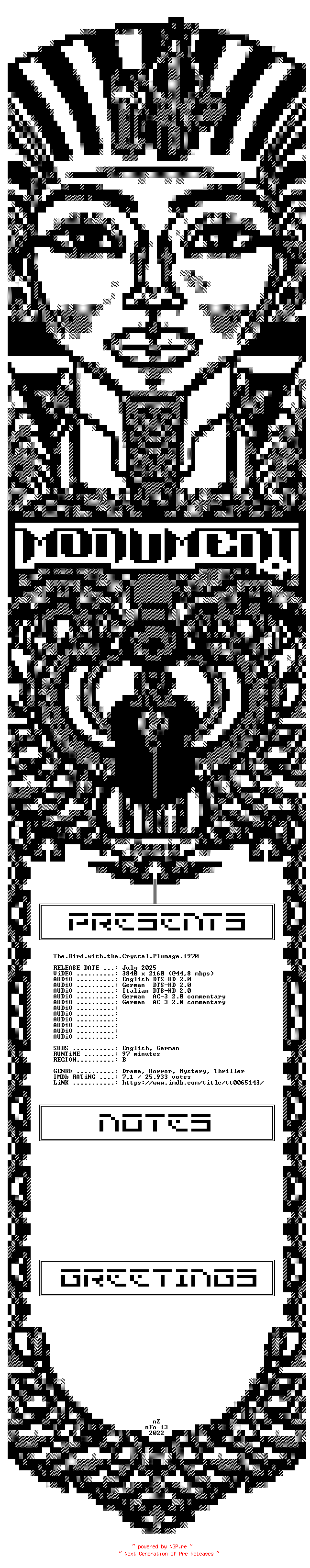 NFO for the release The.Bird.with.the.Crystal.Plumage.1970.MULTi.COMPLETE.UHD.BLURAY-MONUMENT by MONUMENT