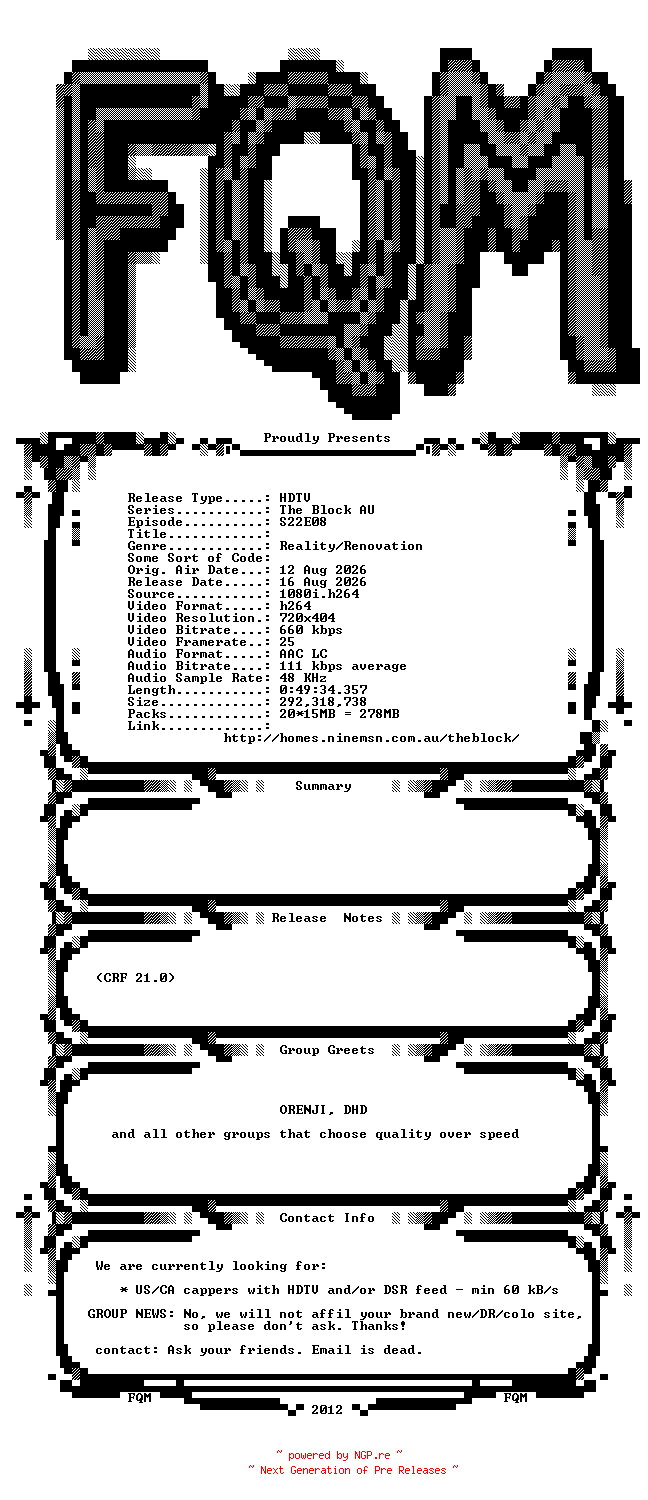 NFO for the release The.Block.AU.S22E08.HDTV.x264-FQM by FQM
