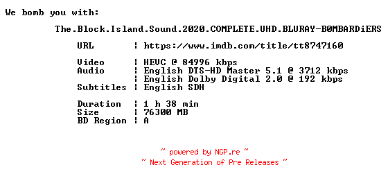 NFO for the release The.Block.Island.Sound.2020.COMPLETE.UHD.BLURAY-B0MBARDiERS by B0MBARDiERS