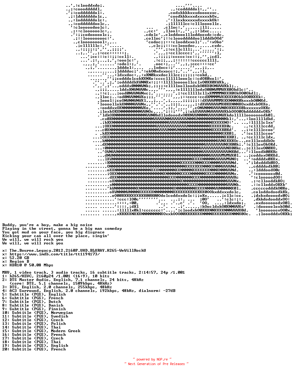 NFO for the release The.Bourne.Legacy.2012.2160P.UHD.BLURAY.H265-WeWillRockU by WeWillRockU