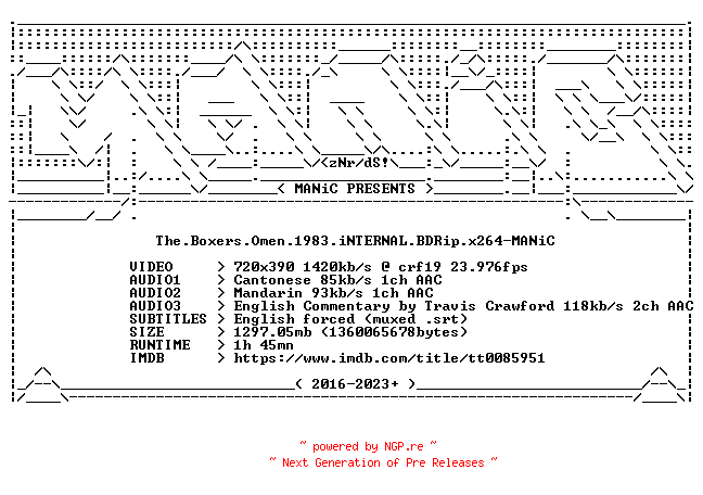 NFO for the release The.Boxers.Omen.1983.iNTERNAL.BDRip.x264-MANiC by MANiC