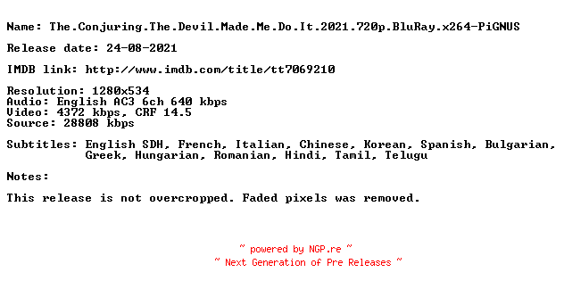 NFO for the release The.Conjuring.The.Devil.Made.Me.Do.It.2021.720p.BluRay.x264-PiGNUS by PiGNUS